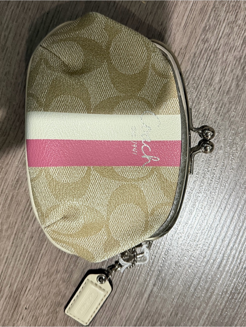 Coach Signature Canvas Coin Purse in Beige with Pink Stripe